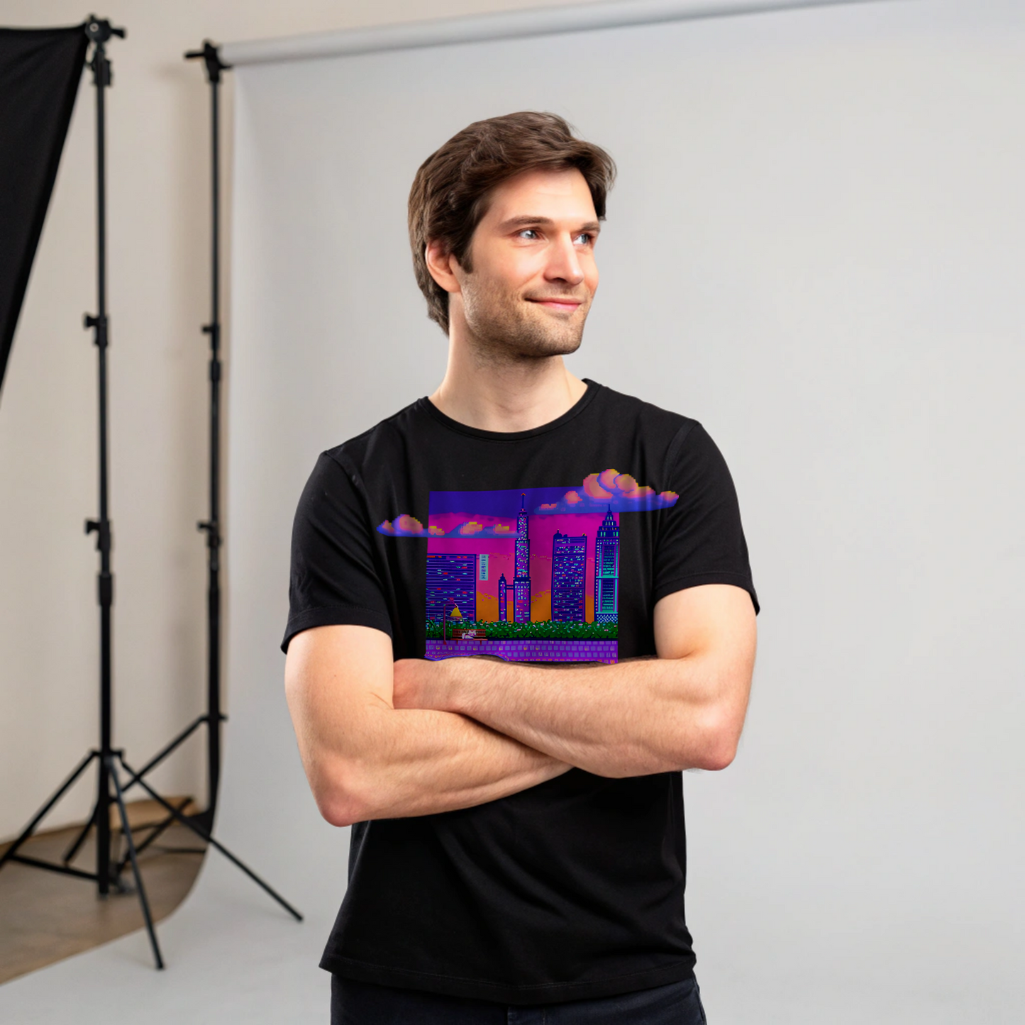 Neon Dusk Pixel Skyline Tee