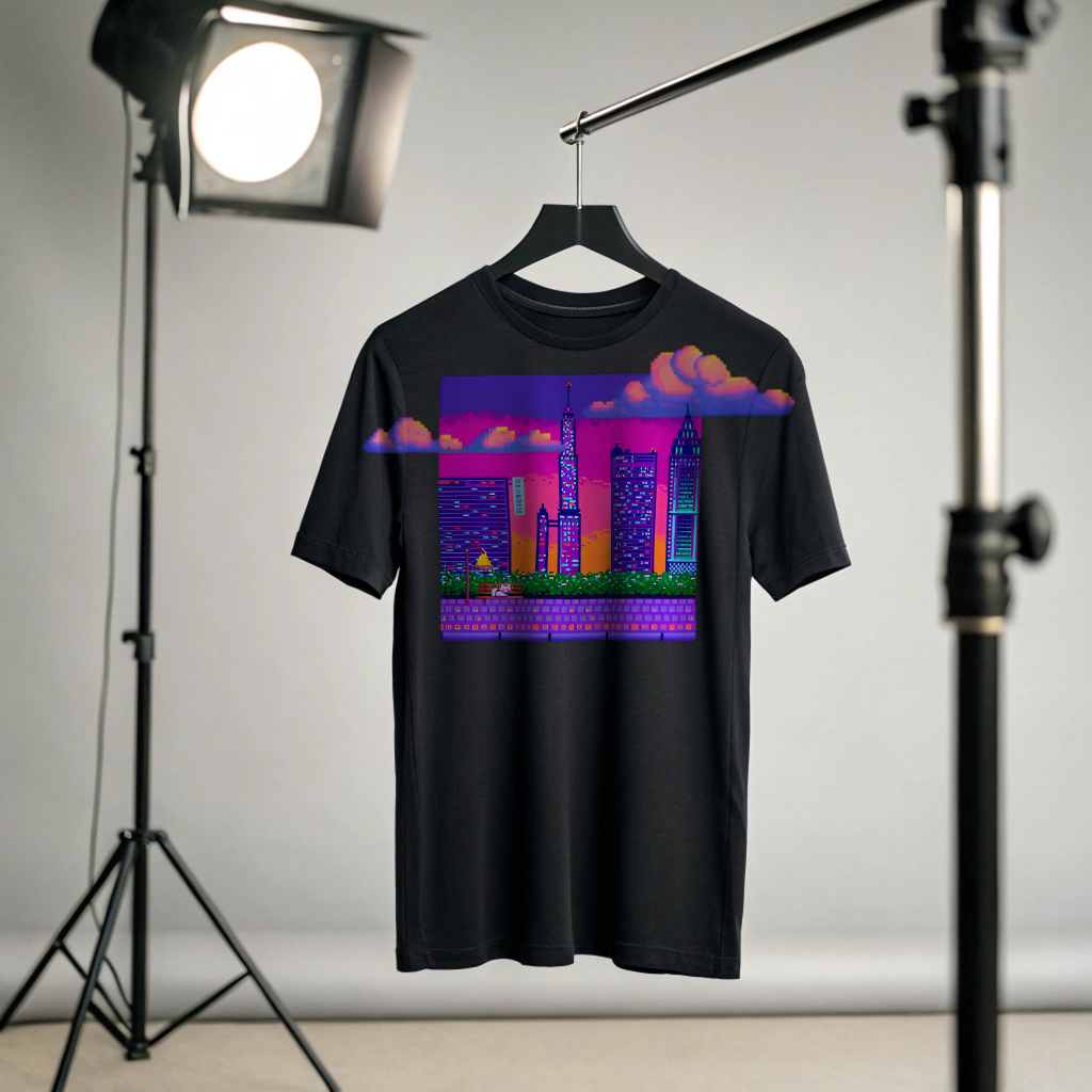 Neon Dusk Pixel Skyline Tee