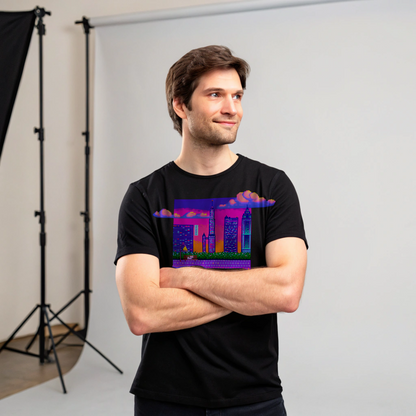 Neon Dusk Pixel Skyline Tee
