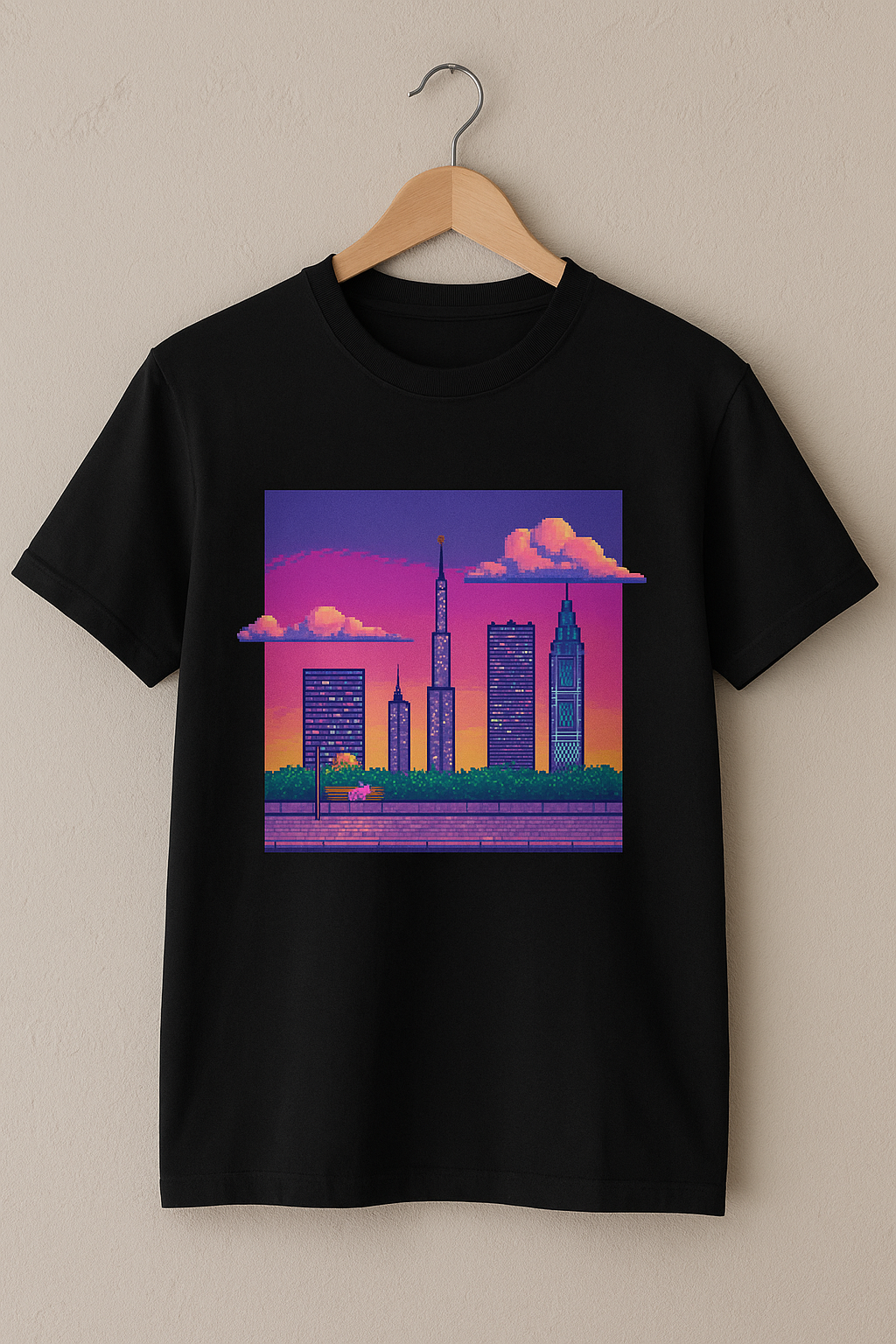Neon Dusk Pixel Skyline Tee