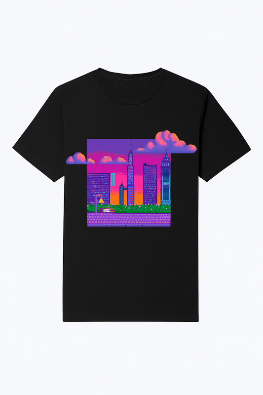 Neon Dusk Pixel Skyline Tee